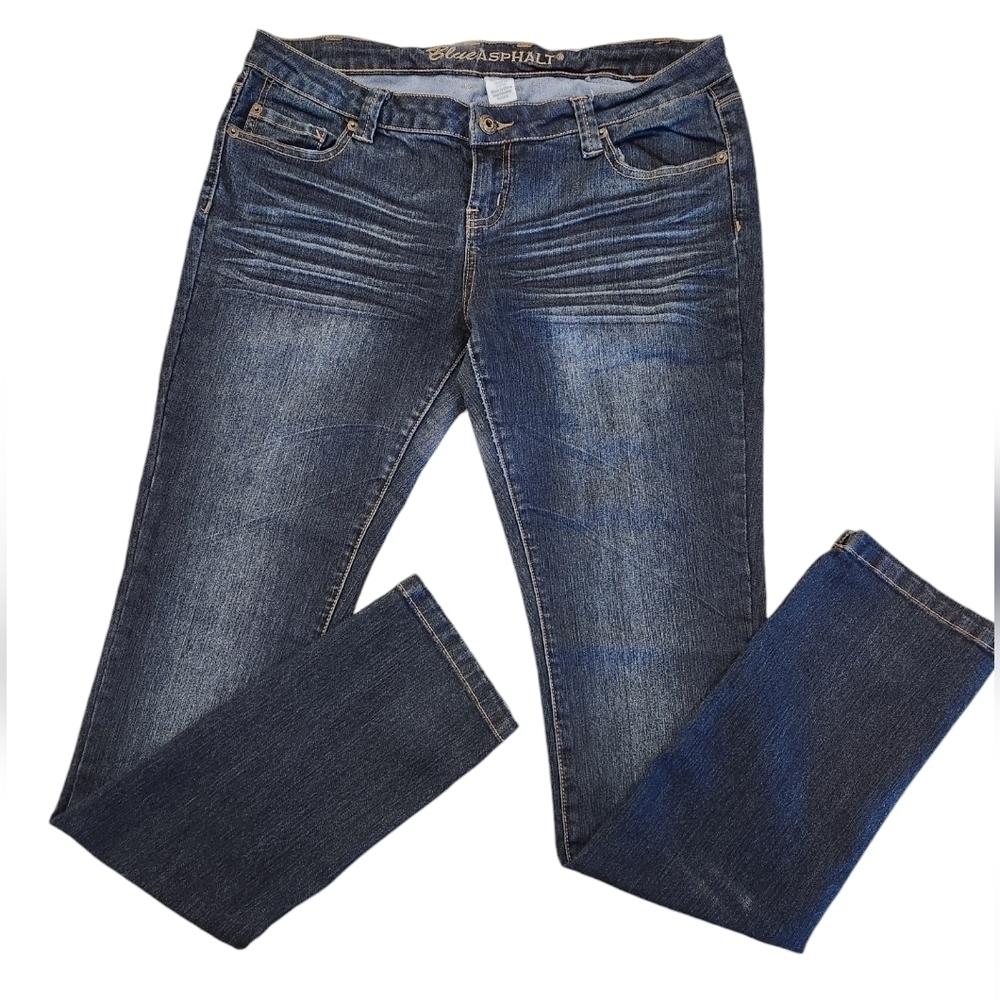 Women's/Junior's Blue Asphalt Dark Wash Distressed Skinny Jeans, 13 Long